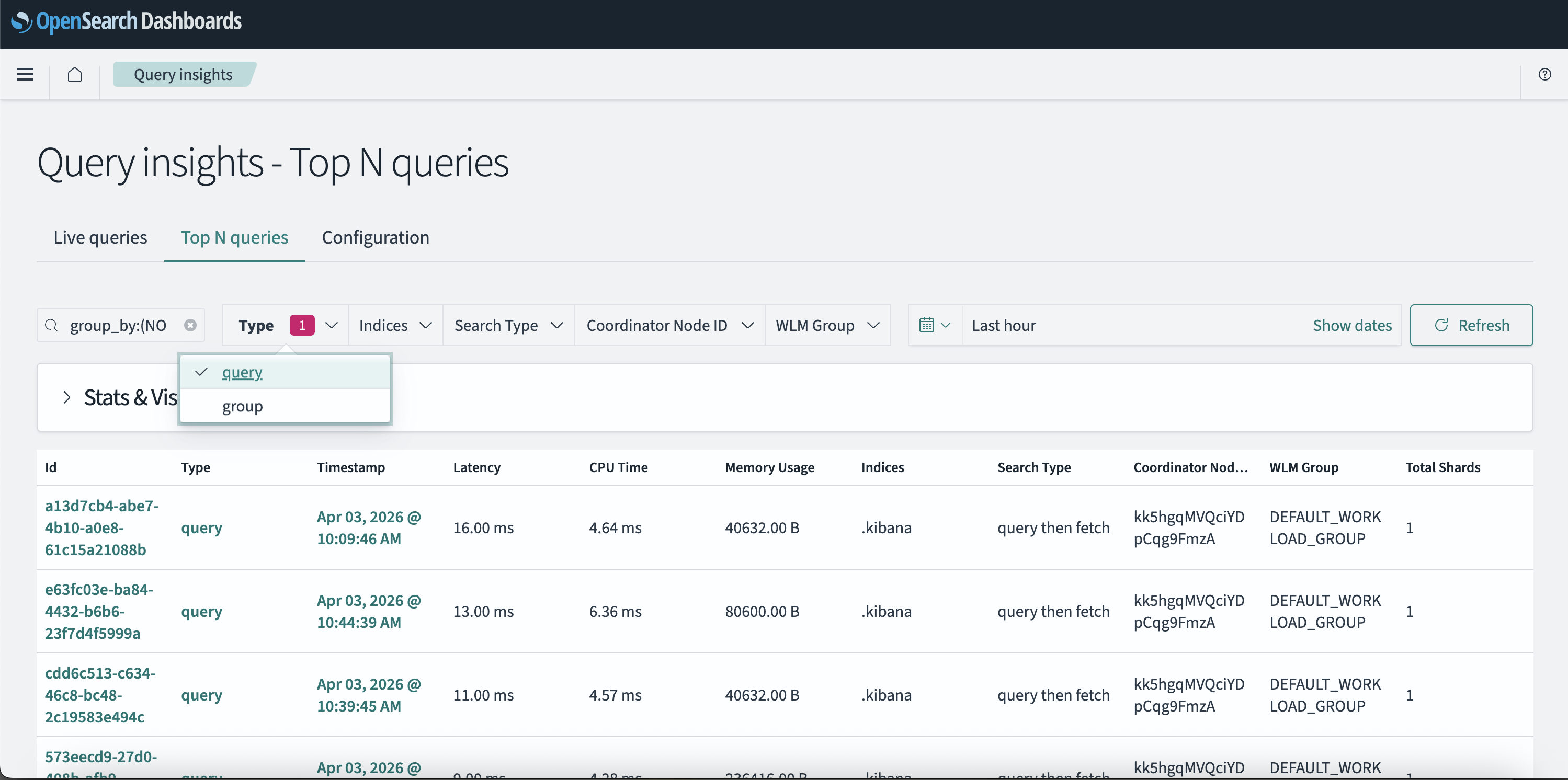 Column Display for Query Selected