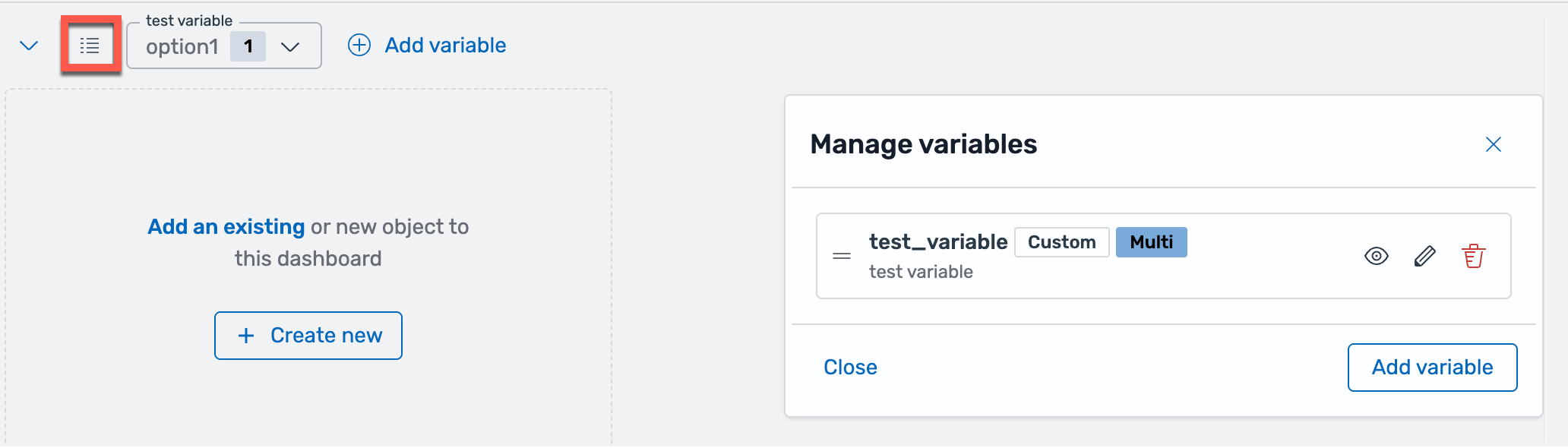 Manage variables panel displaying variable names, types, and action icons