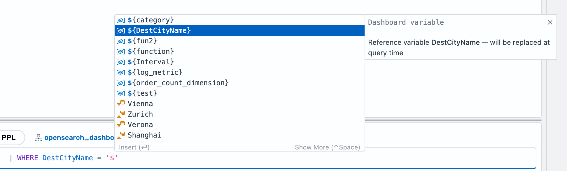 Query editor showing autocomplete dropdown with available dashboard variables