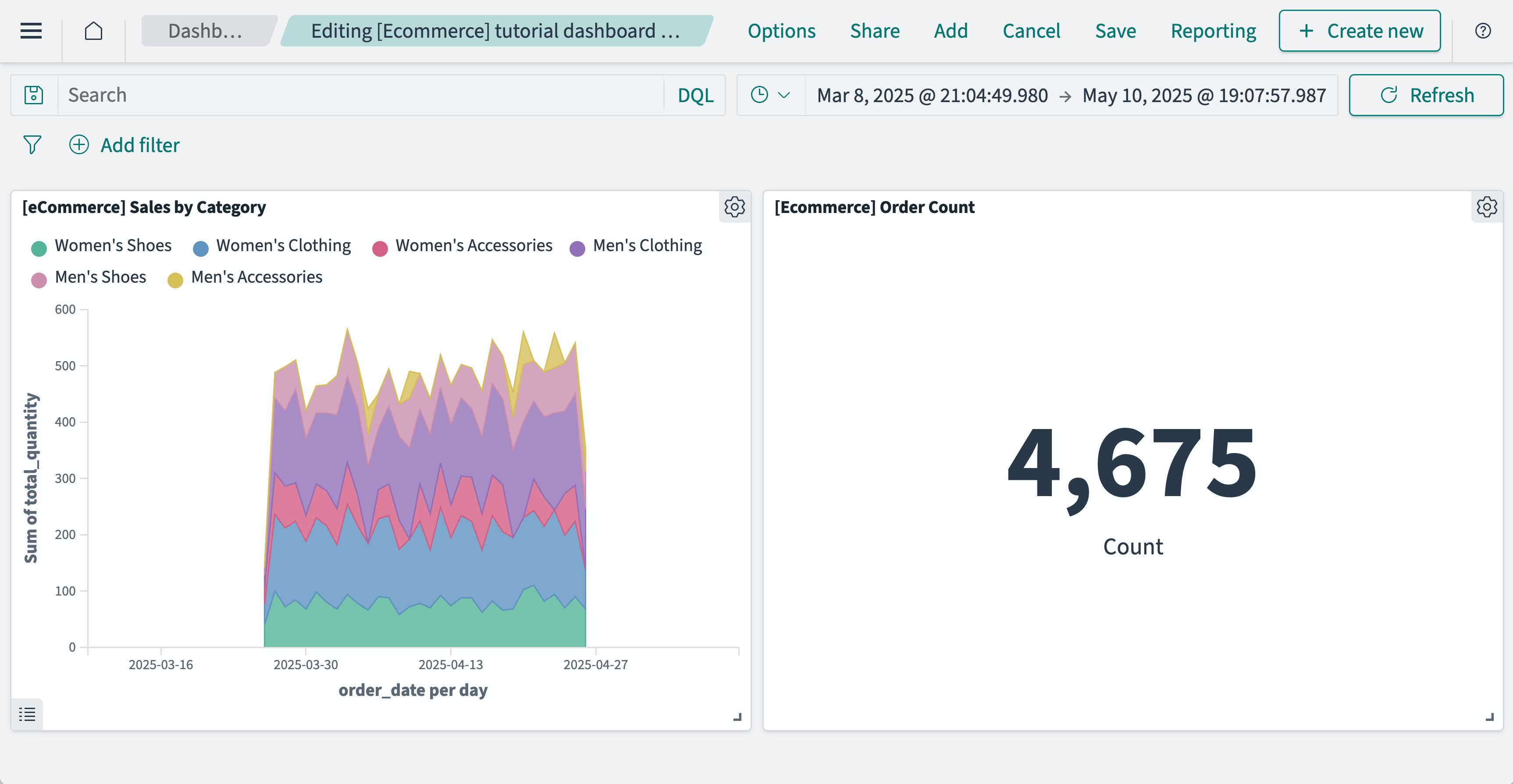 Dashboard with Sales by Category and Order Count metric panels