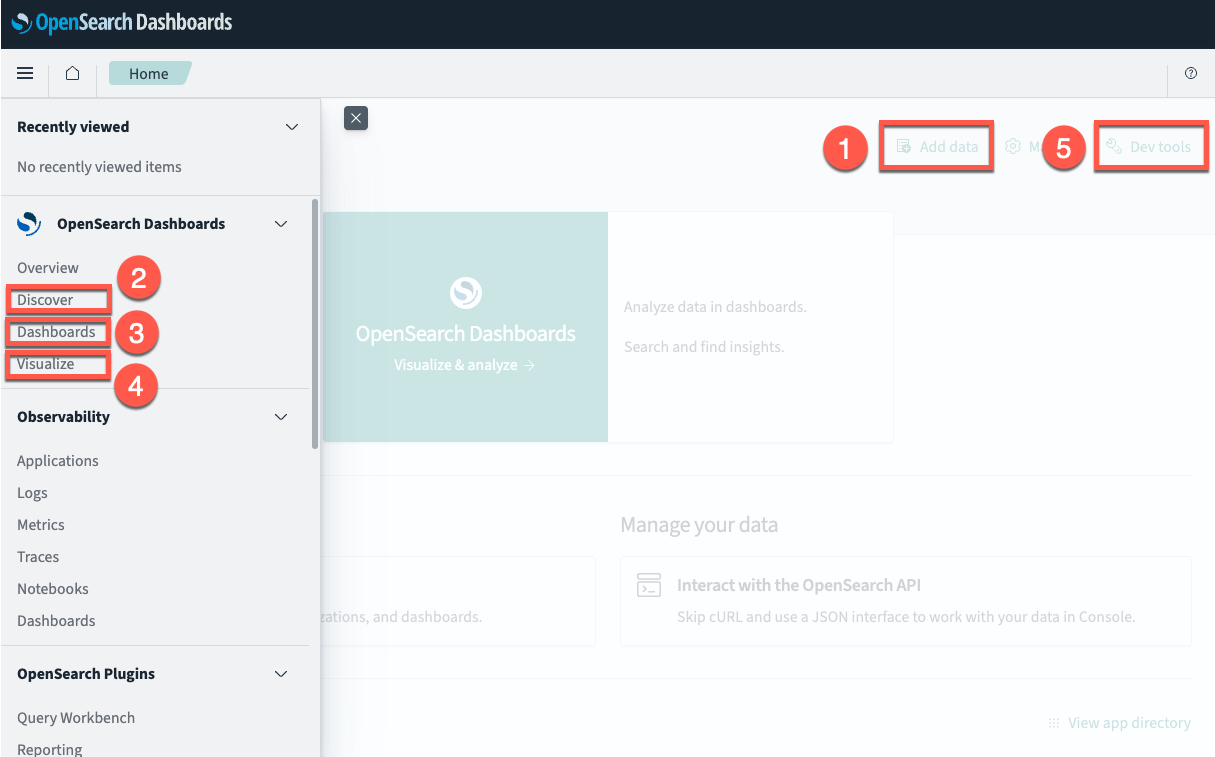 OpenSearch Dashboards home page with classic navigation