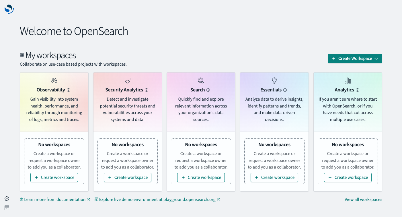 OpenSearch Dashboards home page with workspaces enabled
