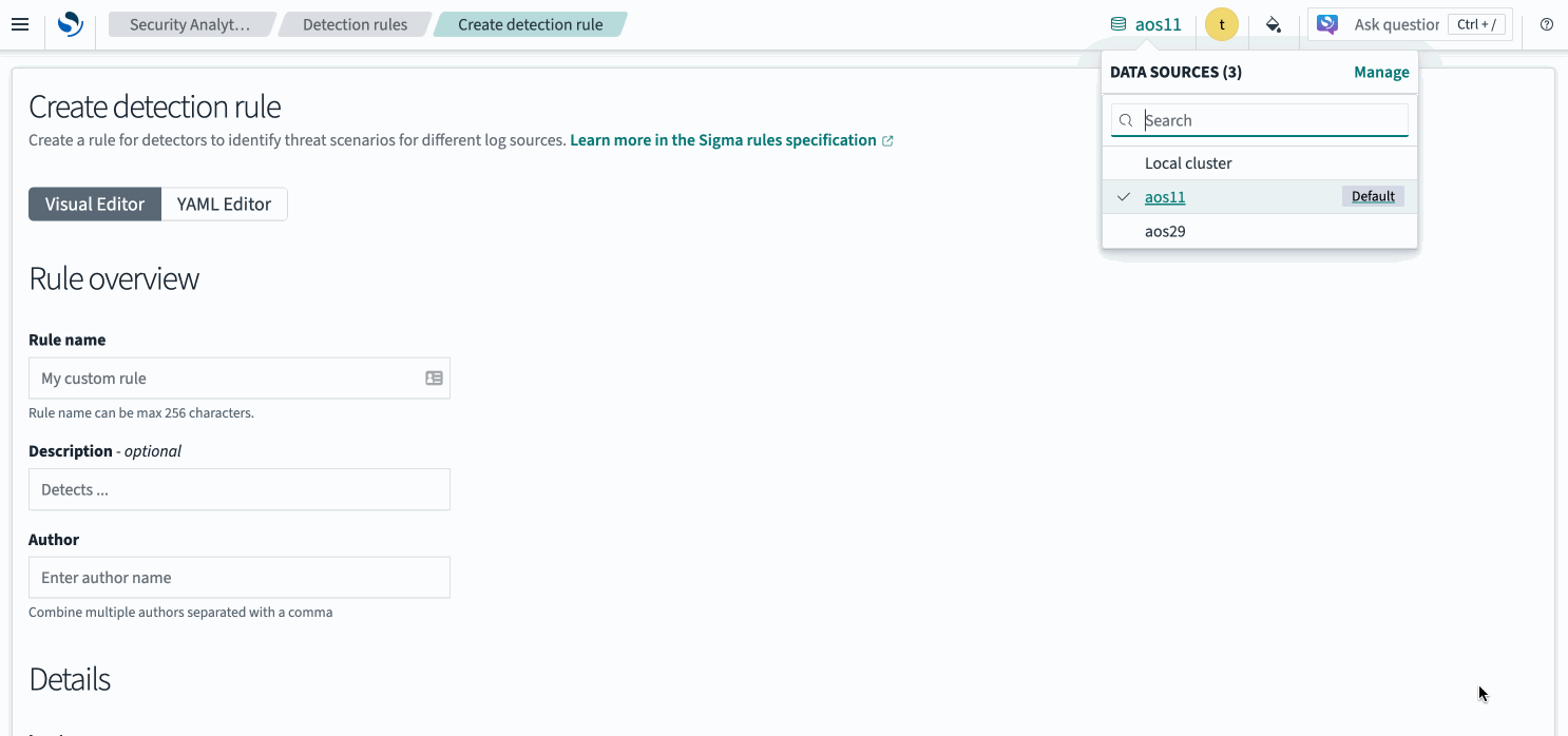 Multiple data sources in Security Analytics create page