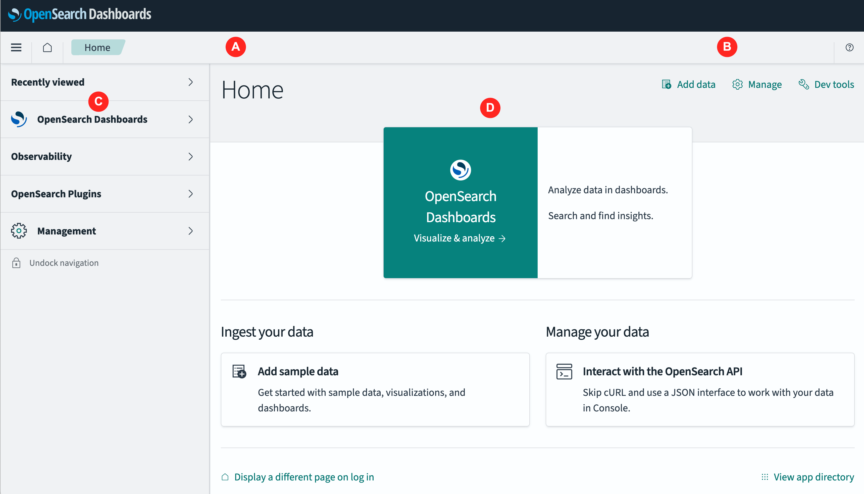 OpenSearch Dashboards home page