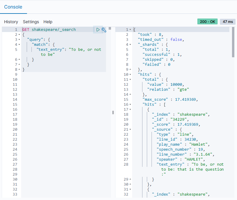 The Dev Tools console showing a query and response