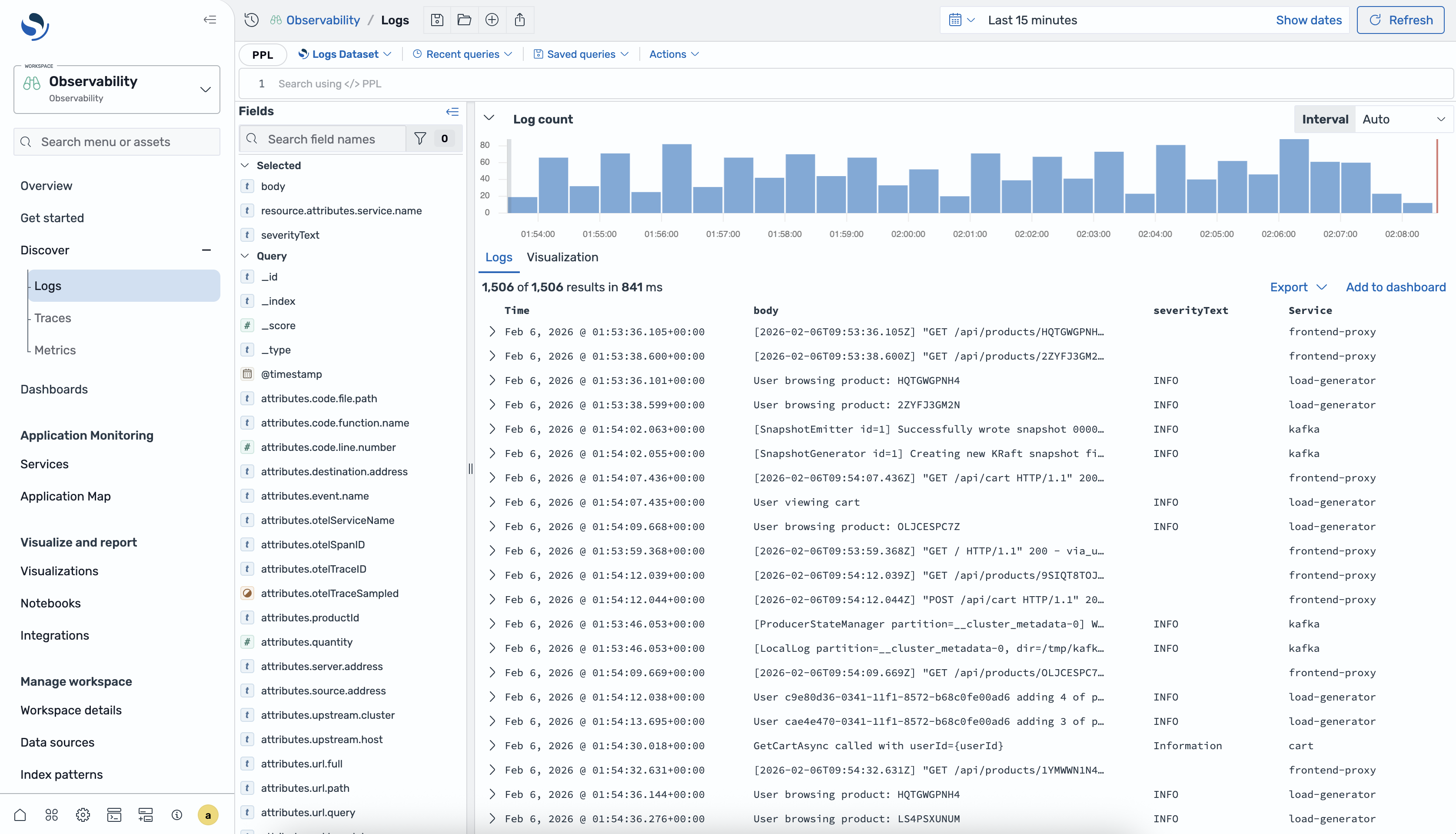 Discover logs interface